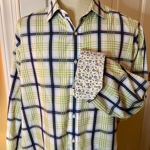 NWOT Thomas Dean‎ White Navy Green Blue Plaid Shirt w/ Floral Flip Cuff Size XL